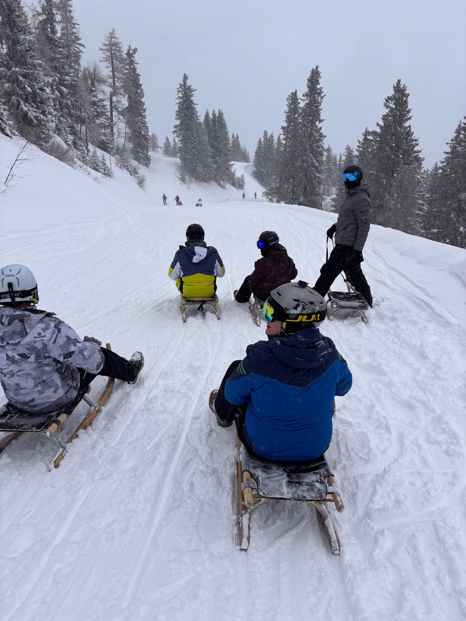 Das Team beim Rodelausflug auf der verschneiten Strecke in Schladming.